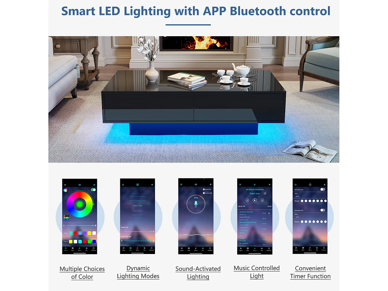 Table basse moderne avec LED - 2 tiroirs - Noir