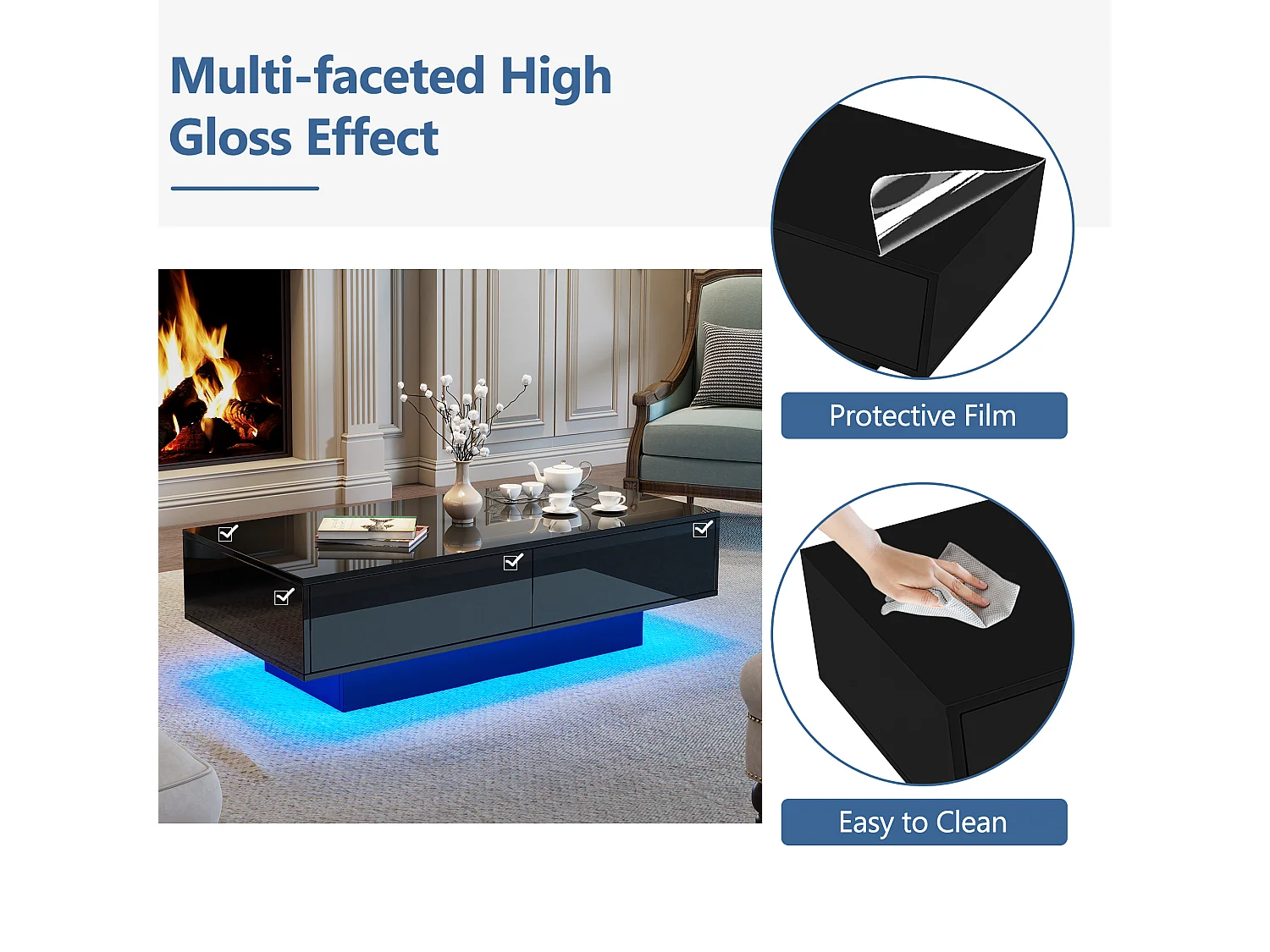 Table basse moderne avec LED - 2 tiroirs - Noir