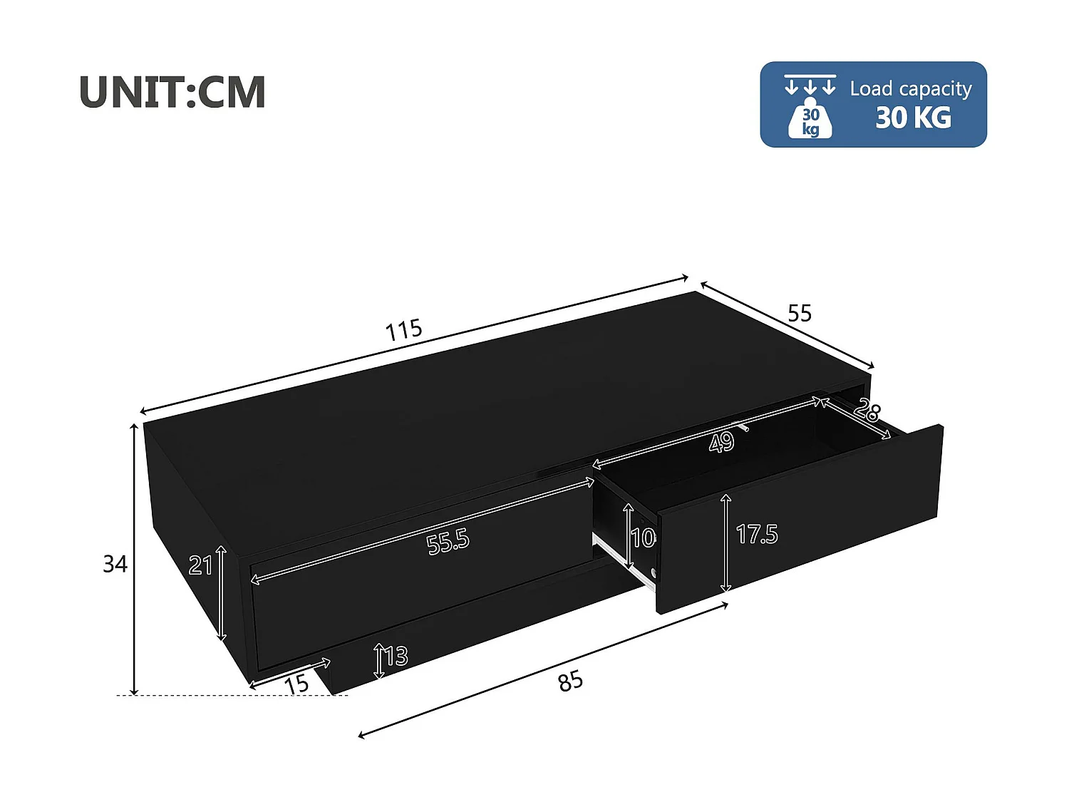Table basse moderne avec LED - 2 tiroirs - Noir