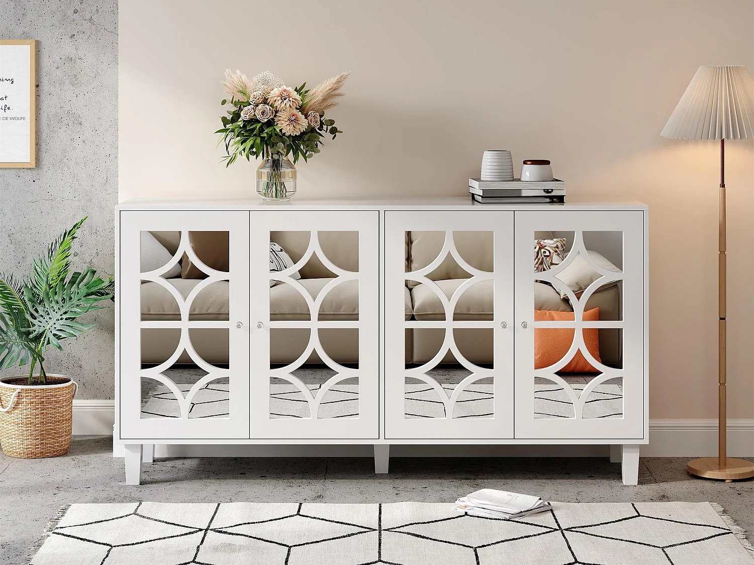 Buffet avec 4 portes vitrées - avec étagères réglables - Blanc