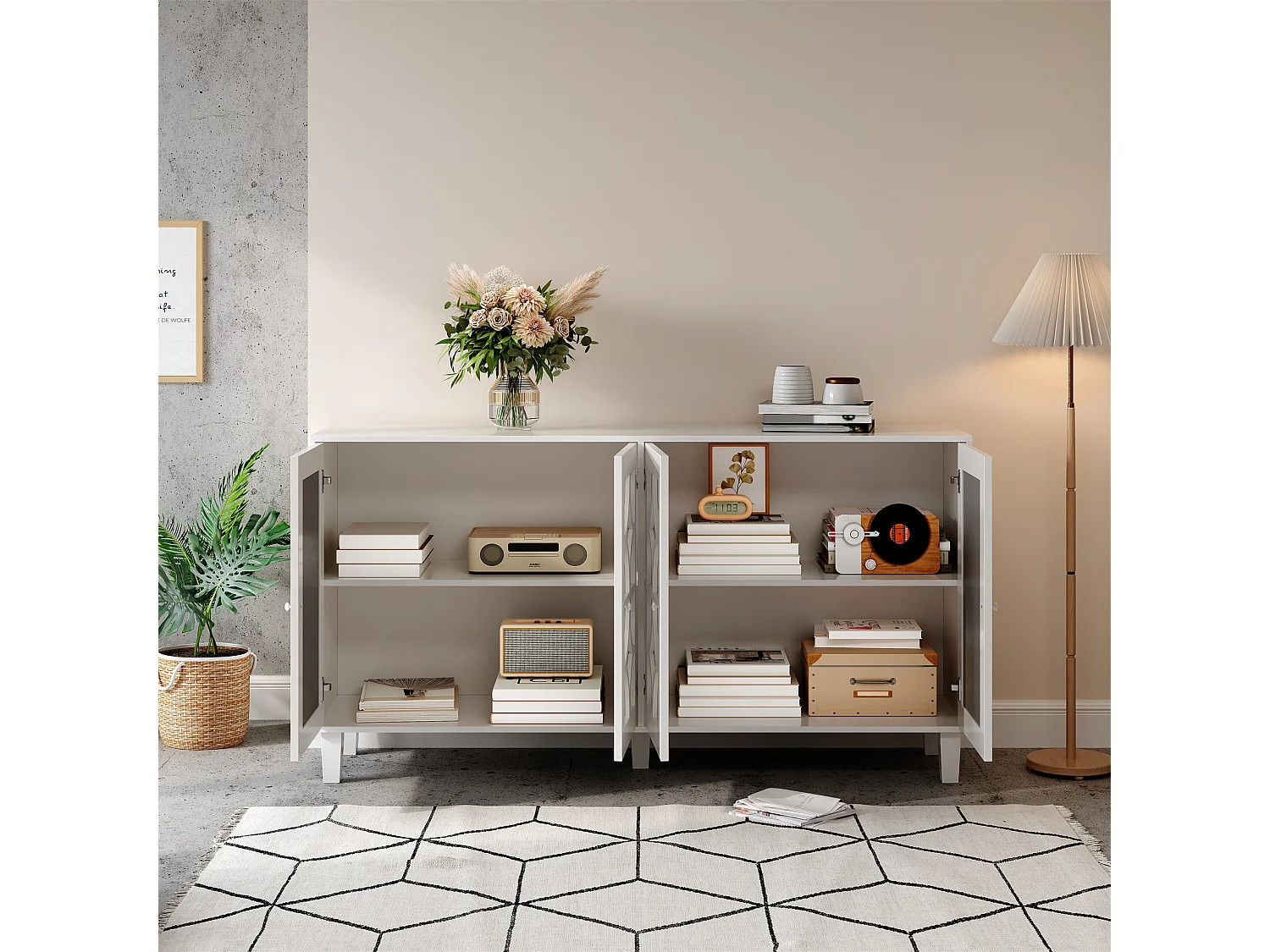 Buffet avec 4 portes vitrées - avec étagères réglables - Blanc