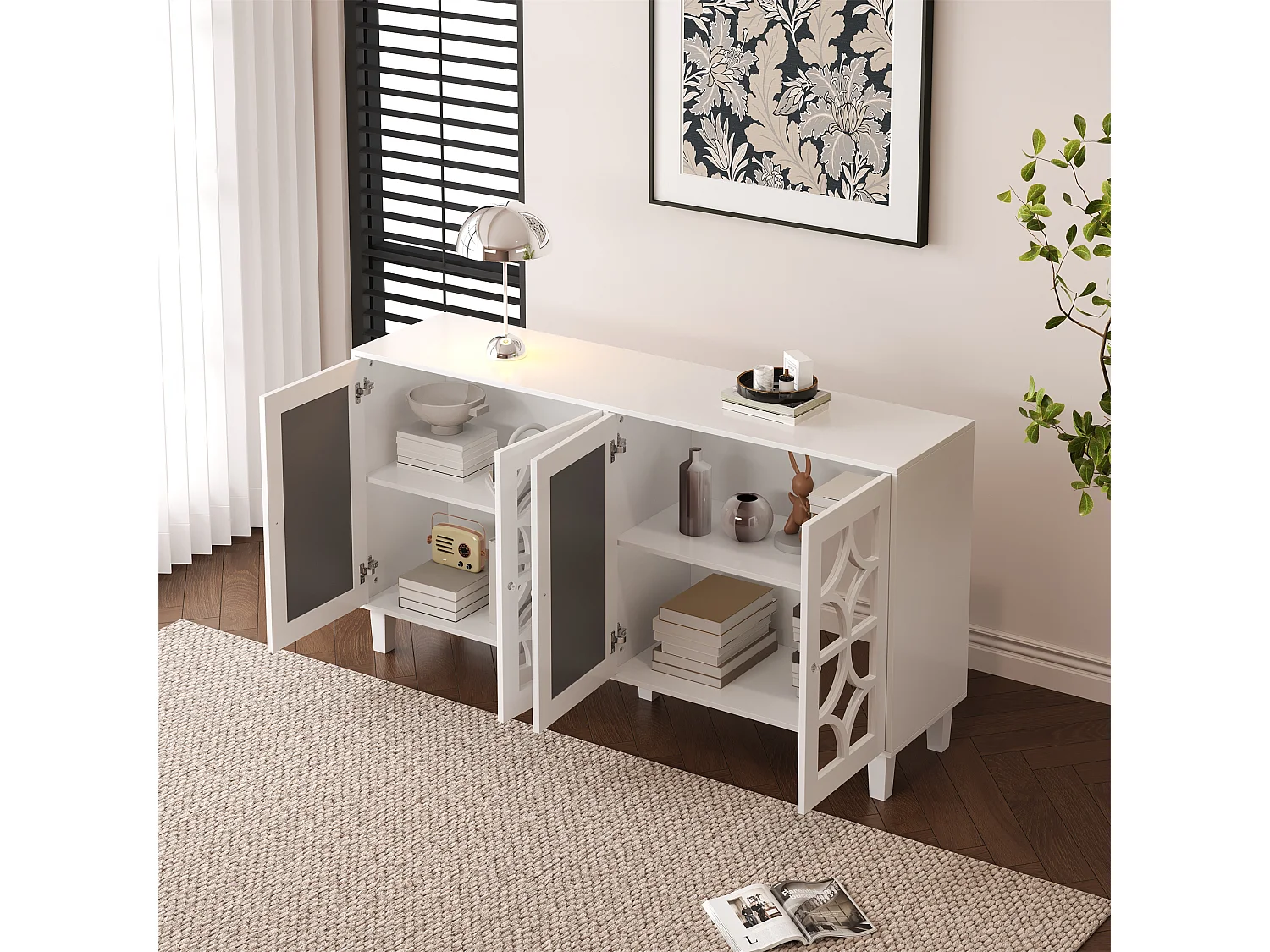 Buffet avec 4 portes vitrées - avec étagères réglables - Blanc