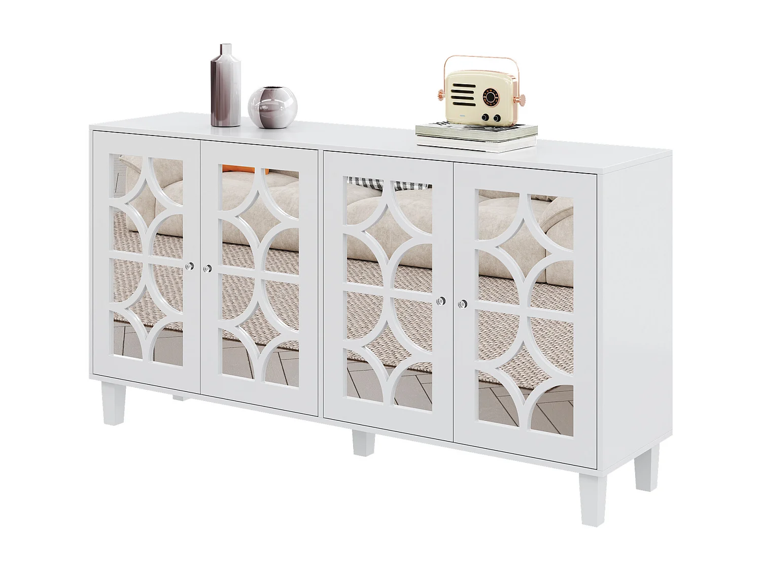 Buffet avec 4 portes vitrées - avec étagères réglables - Blanc