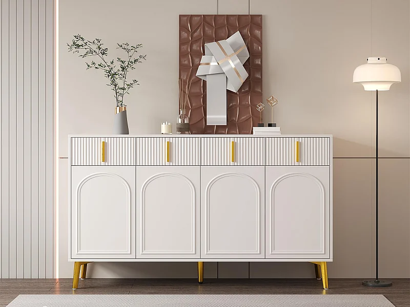 Buffet scandinave - 4 portes et 4 tiroirs - avec étagères réglables - Blanc