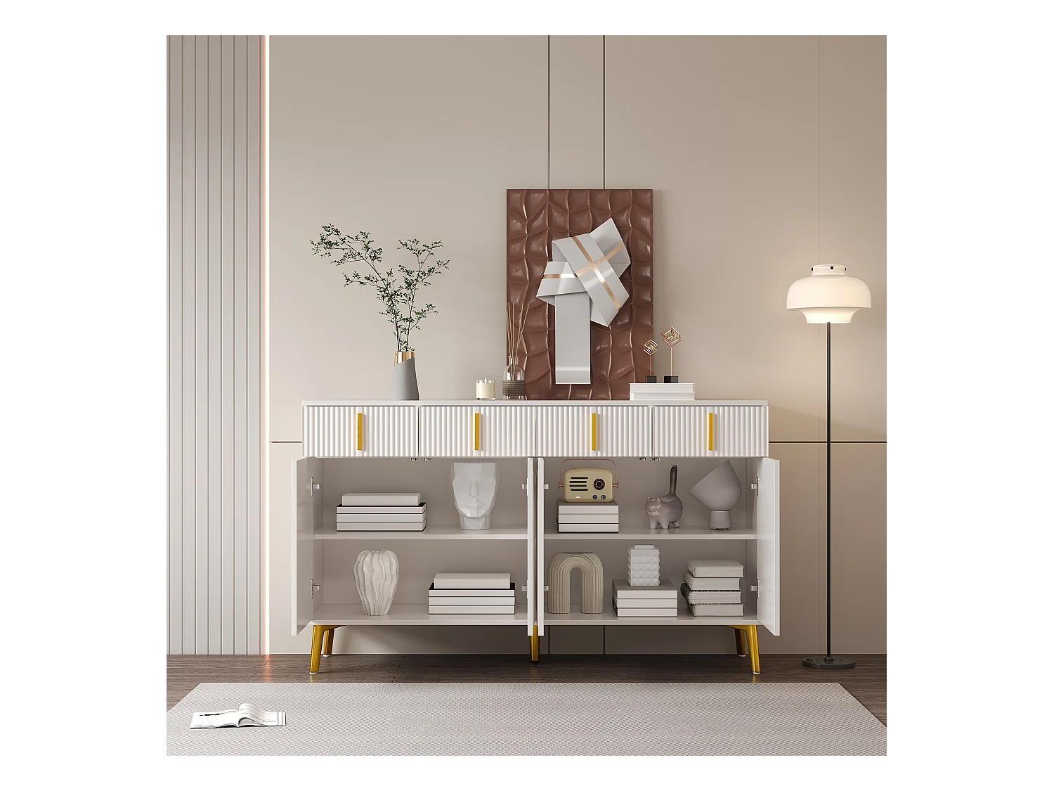 Buffet scandinave - 4 portes et 4 tiroirs - avec étagères réglables - Blanc
