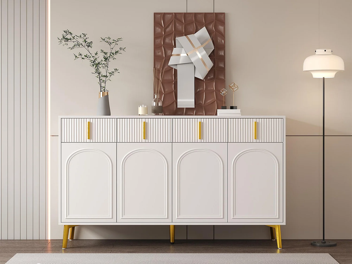 Buffet scandinave - 4 portes et 4 tiroirs - avec étagères réglables - Blanc