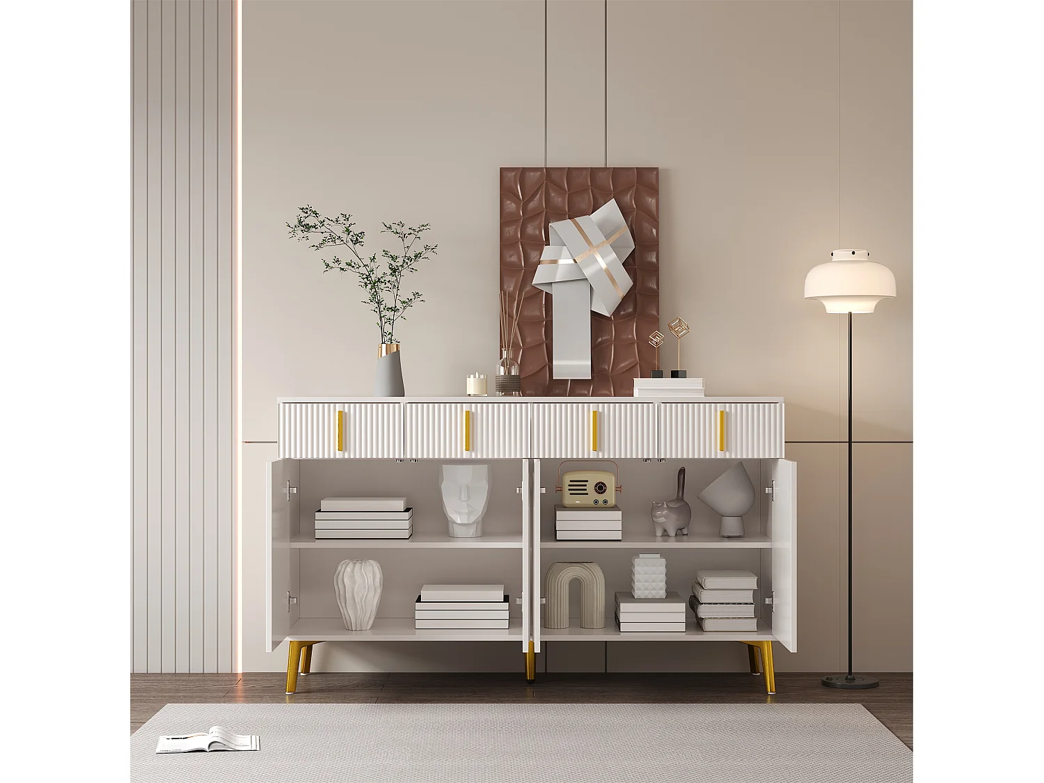 Buffet scandinave - 4 portes et 4 tiroirs - avec étagères réglables - Blanc