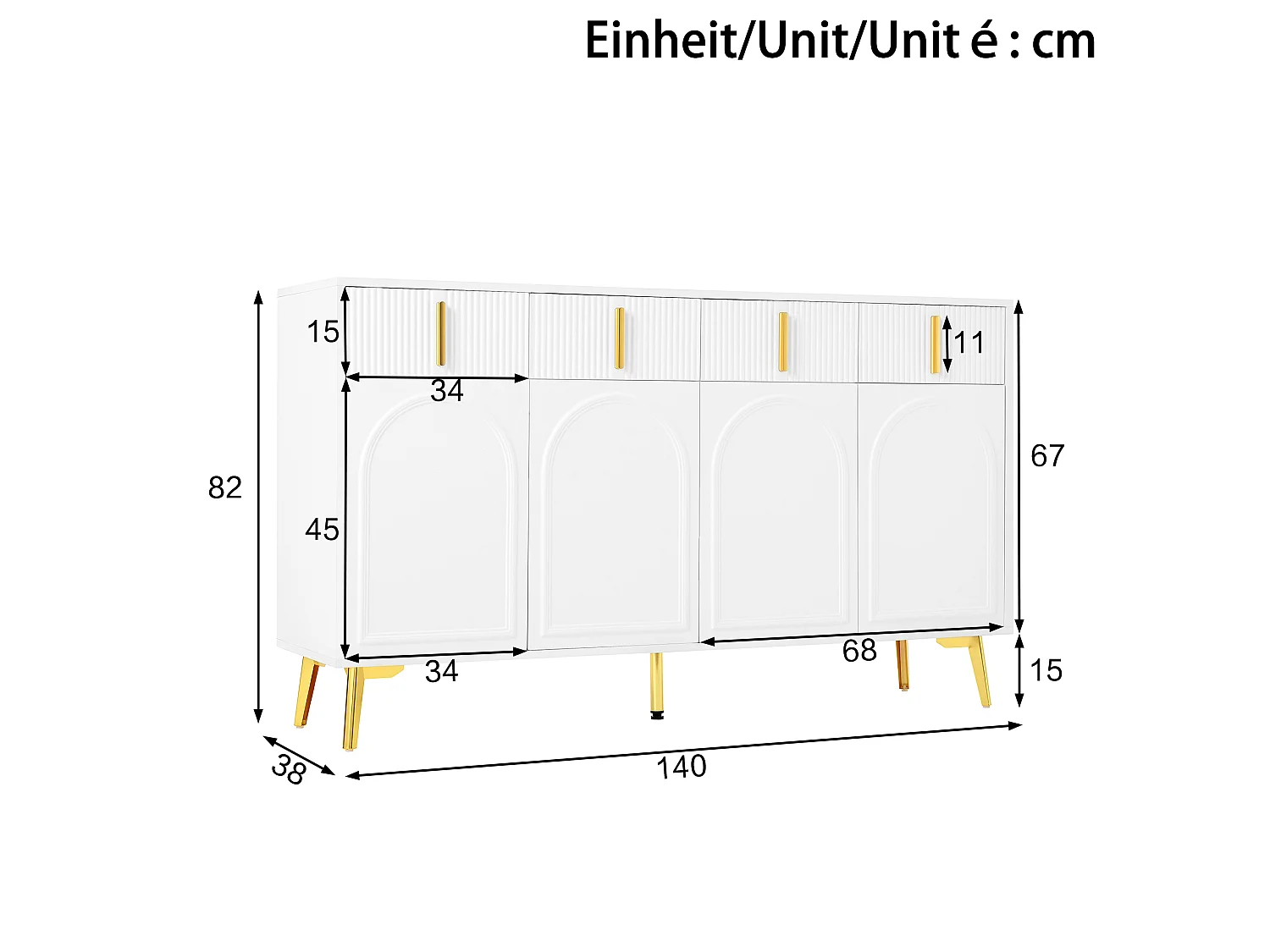 Credenza scandinava - 4 ante e 4 cassetti - con ripiani regolabili - Bianco