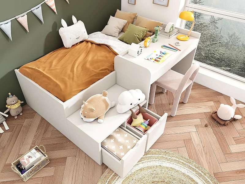 Cama infantil de madera 90x200 cm - con escritorio y cajones - con somier - Blanco