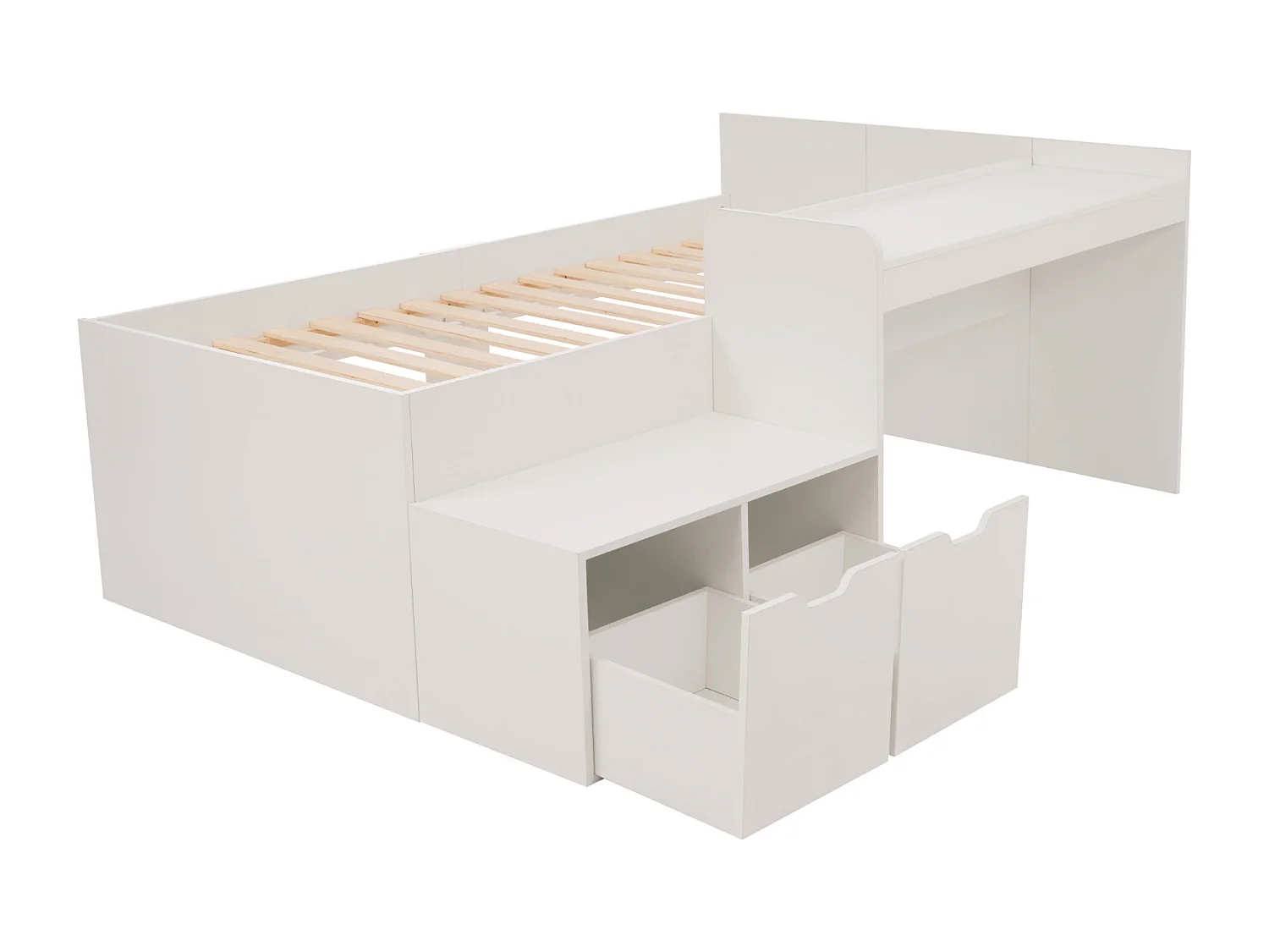 Lit enfant en bois 90x200cm - avec bureau et tiroirs - avec sommier à lattes - Blanc