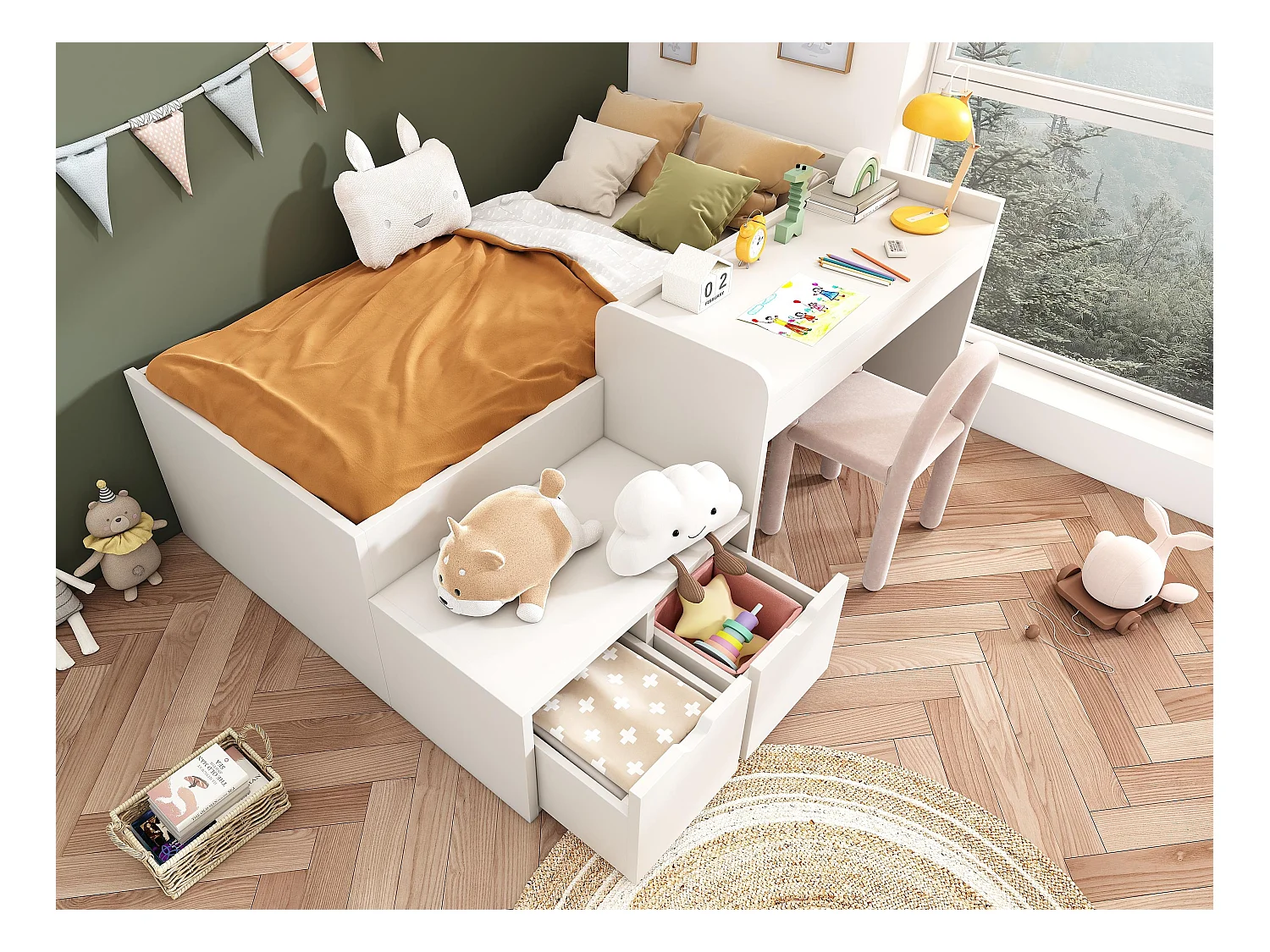 Lit enfant en bois 90x200cm - avec bureau et tiroirs - avec sommier à lattes - Blanc
