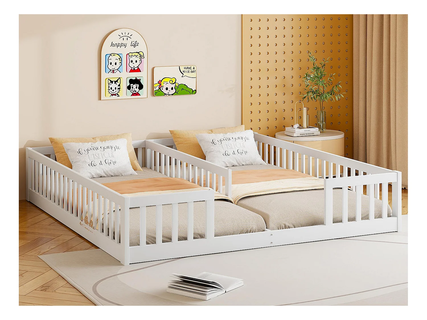 Kinderbed 2x90x200cm in massief hout - met rails - zonder lattenbodem - Wit