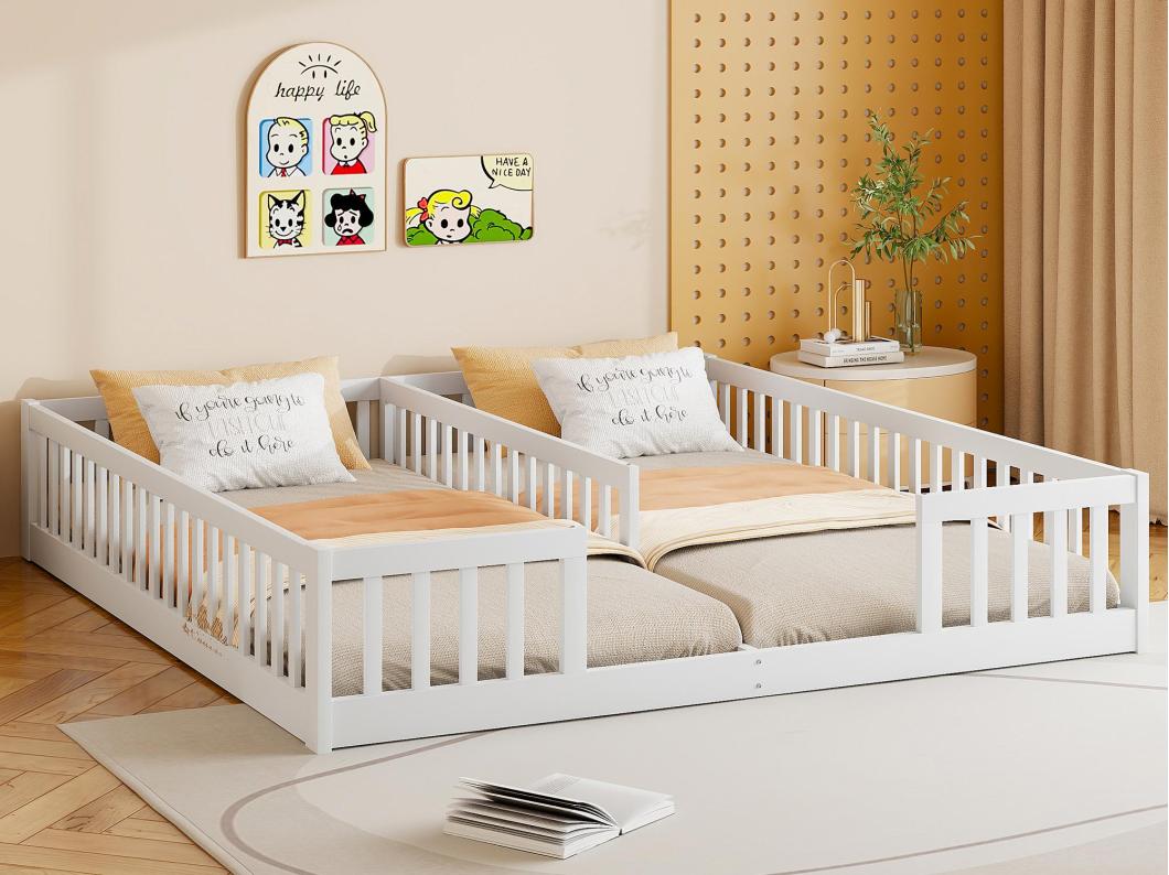 Cama de criança 2x90x200cm em madeira maciça - com grades - sem base de ripas - Branco