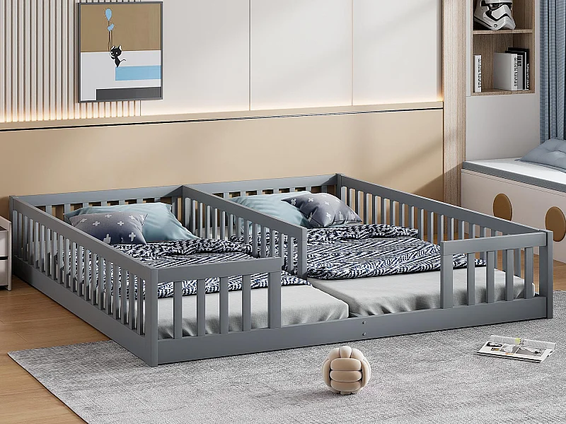 Letto per bambini 2x90x200 cm in legno massiccio - con sponde - con rete a doghe - Grigio
