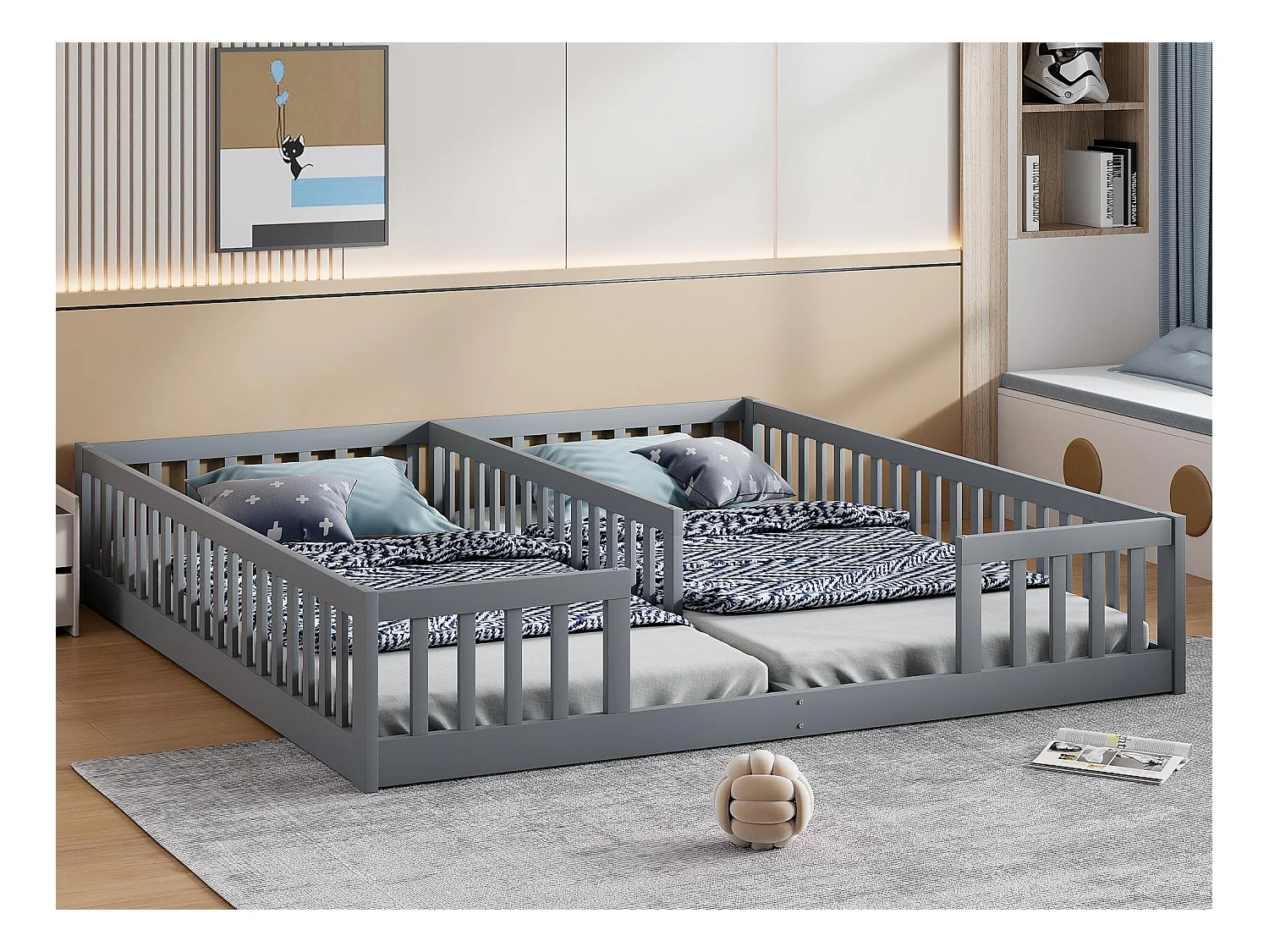 Kinderbed 2x90x200cm in massief hout - met rails - met lattenbodem - Grijs