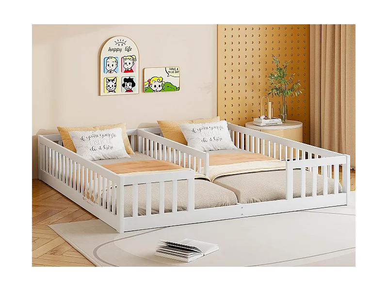 Lit enfant 2x90x200cm en bois massif - avec barrières - avec sommier à lattes - Blanc