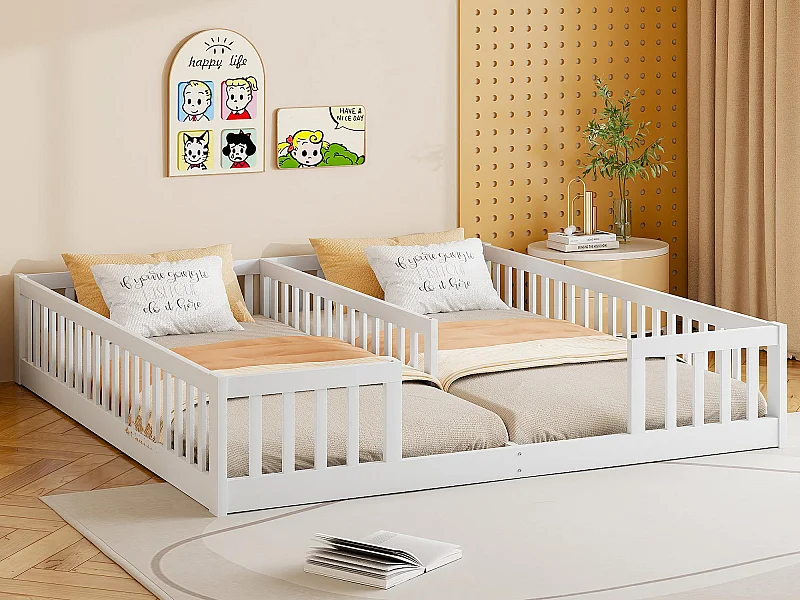 Kinderbed 2x90x200cm in massief hout - met rails - met lattenbodem - Wit