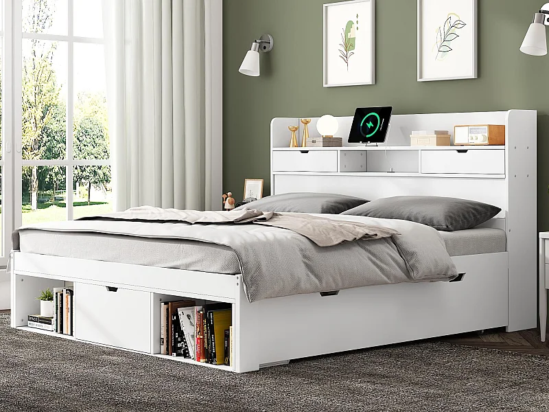 Holzbett für Erwachsene 140 x 190 cm – mit Ladeanschluss und multifunktionalem Stauraum – Weiß
