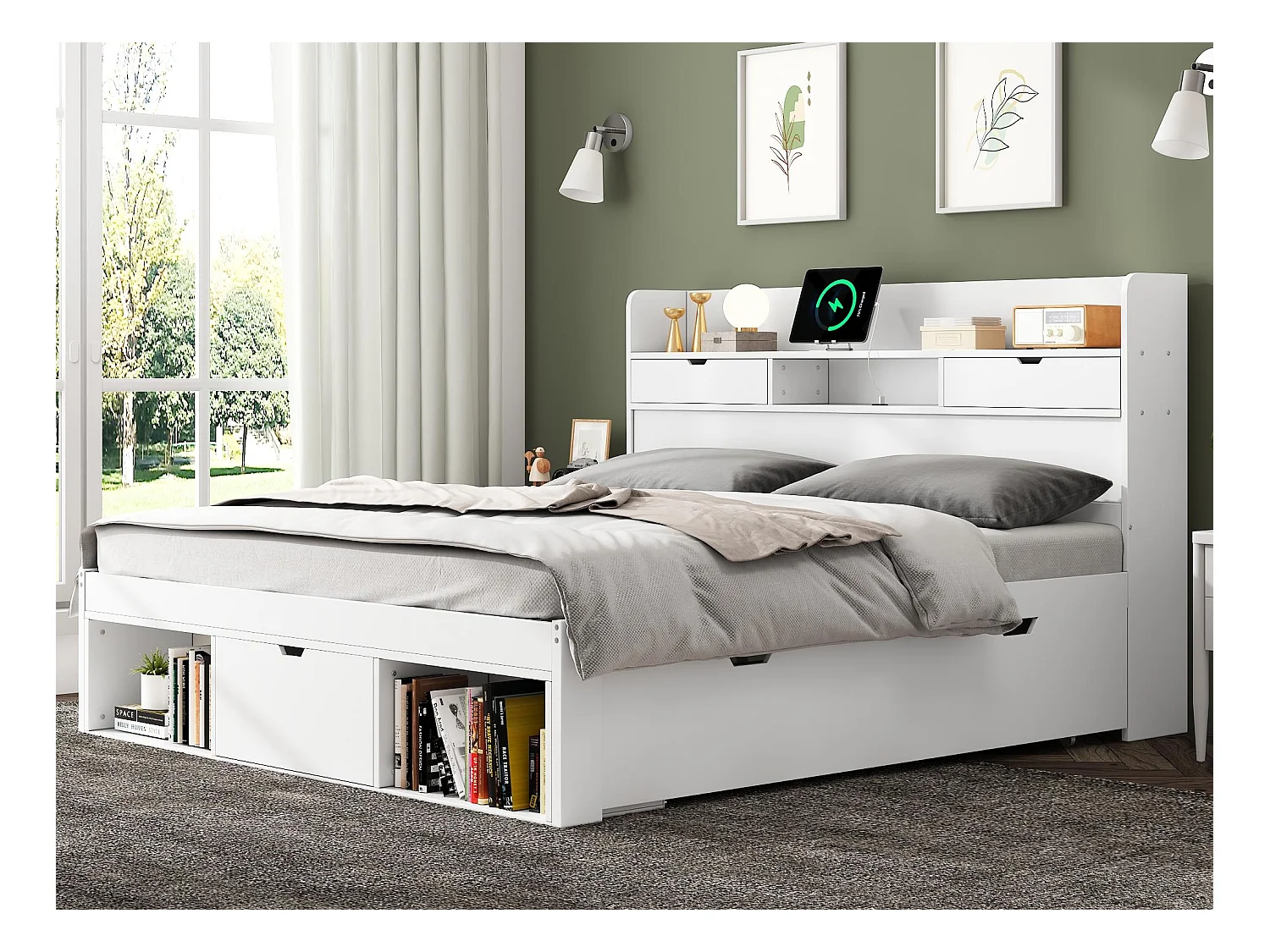 Holzbett für Erwachsene 140 x 190 cm – mit Ladeanschluss und multifunktionalem Stauraum – Weiß
