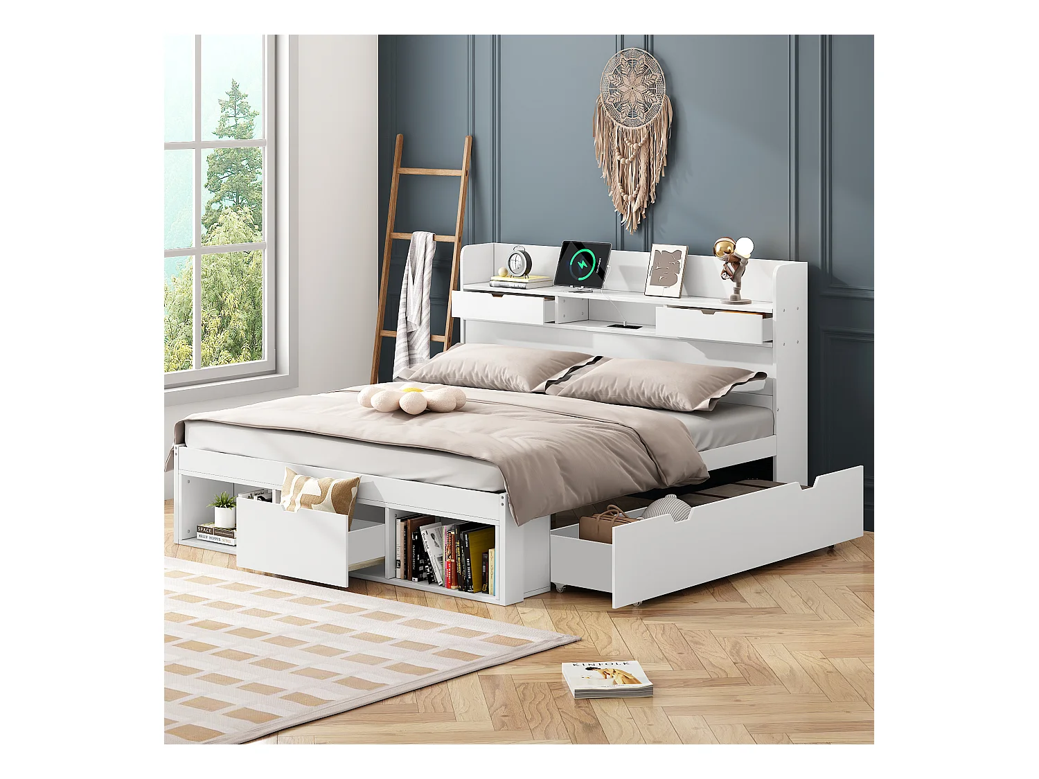 Lit adulte en MDF 140x190 cm - avec port de recharge et rangements multifonctionnels - Blanc