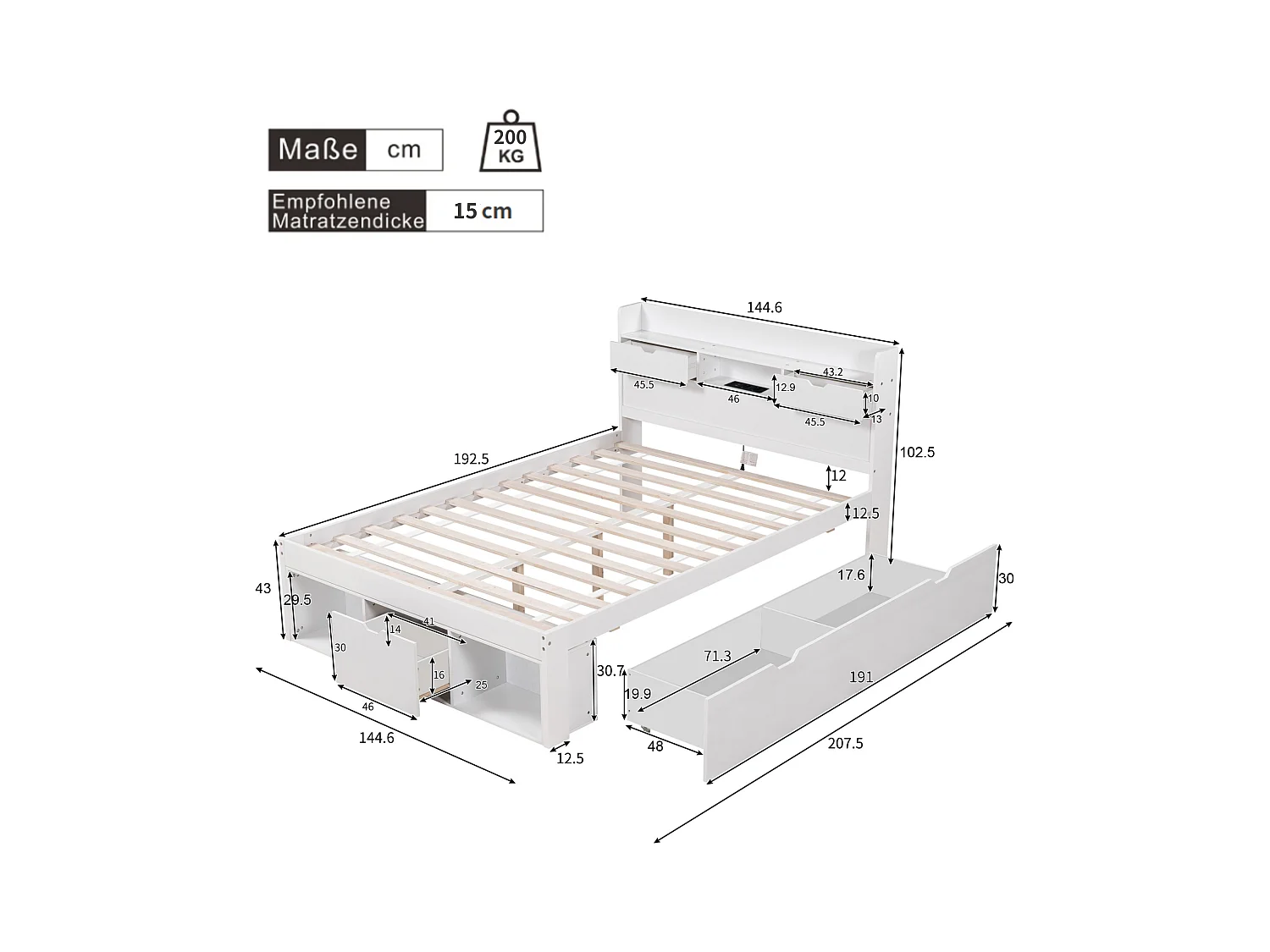 Lit adulte en MDF 140x190 cm - avec port de recharge et rangements multifonctionnels - Blanc