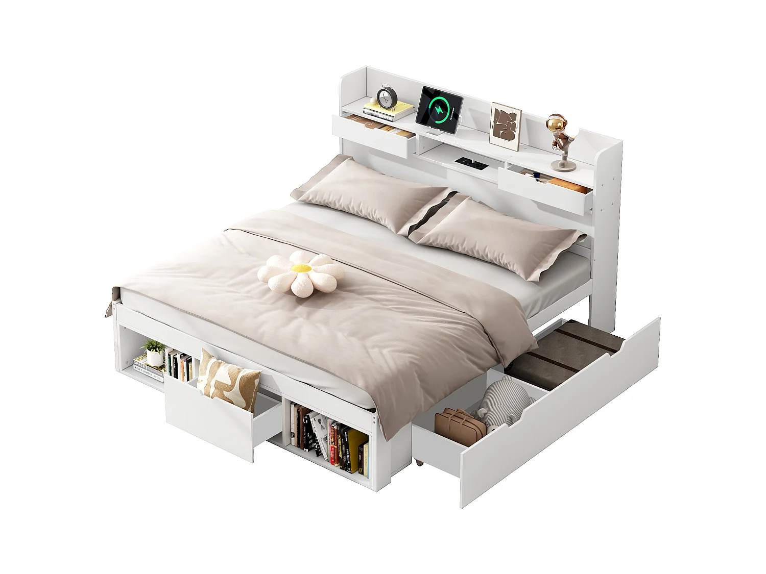 Lit adulte en MDF 140x190 cm - avec port de recharge et rangements multifonctionnels - Blanc
