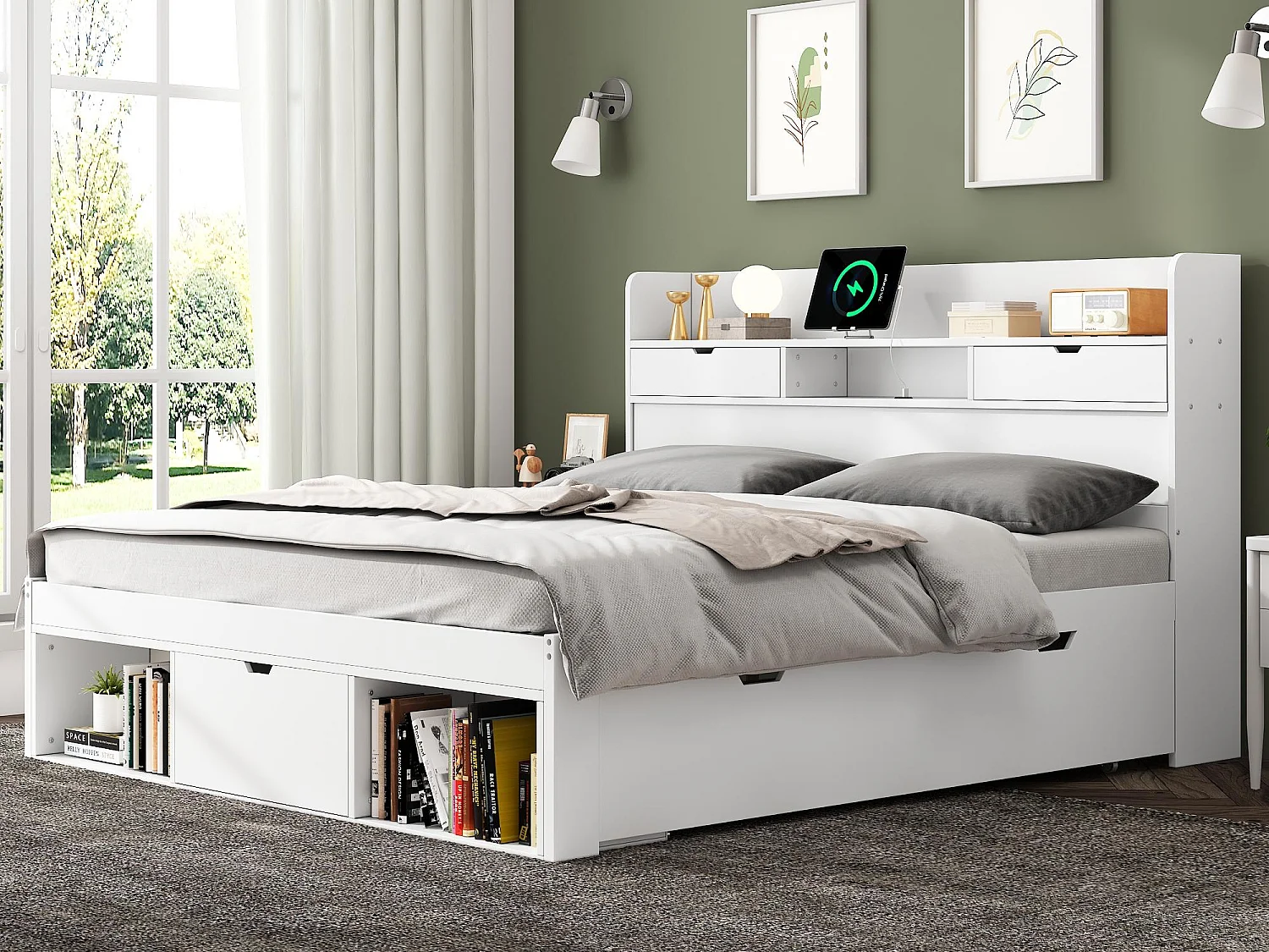 Holzbett für Erwachsene 140 x 190 cm – mit Ladeanschluss und multifunktionalem Stauraum – Weiß