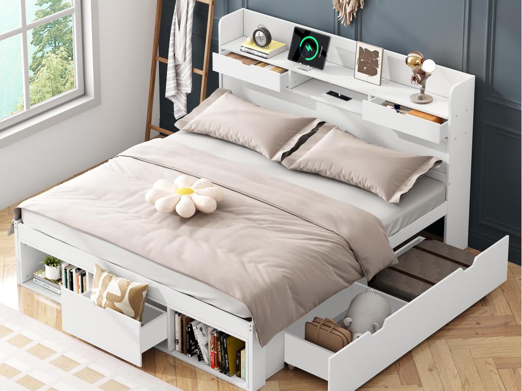 Letto per adulti in legno 140x190 cm - con porta di ricarica e contenitore multifunzionale - Bianco