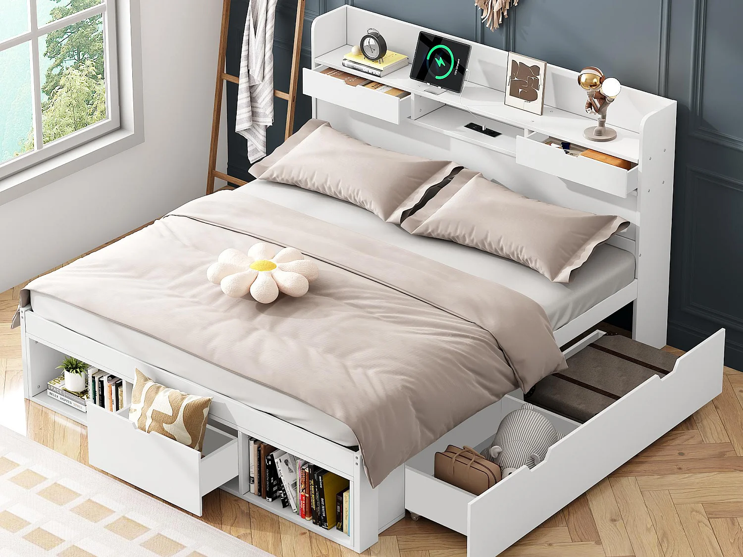 Holzbett für Erwachsene, 160 x 200 cm – mit Ladeanschluss und multifunktionalem Stauraum – Weiß