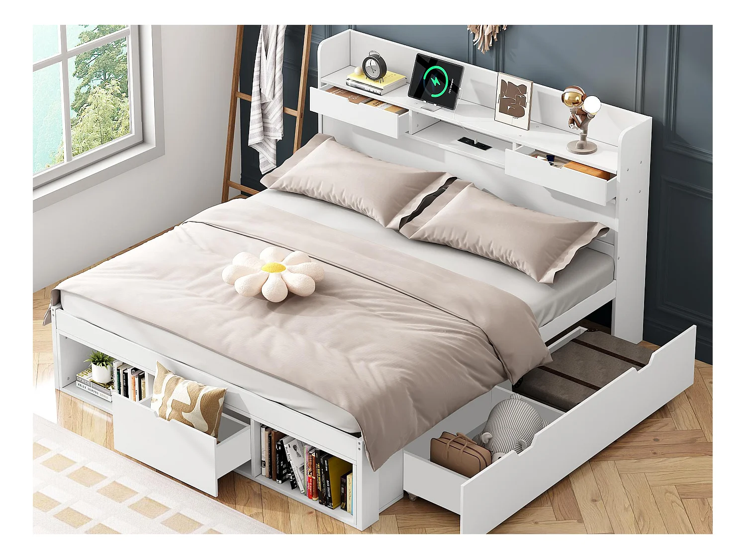 Lit adulte en bois 160x200 cm - avec port de recharge et rangements multifonctionnels - Blanc