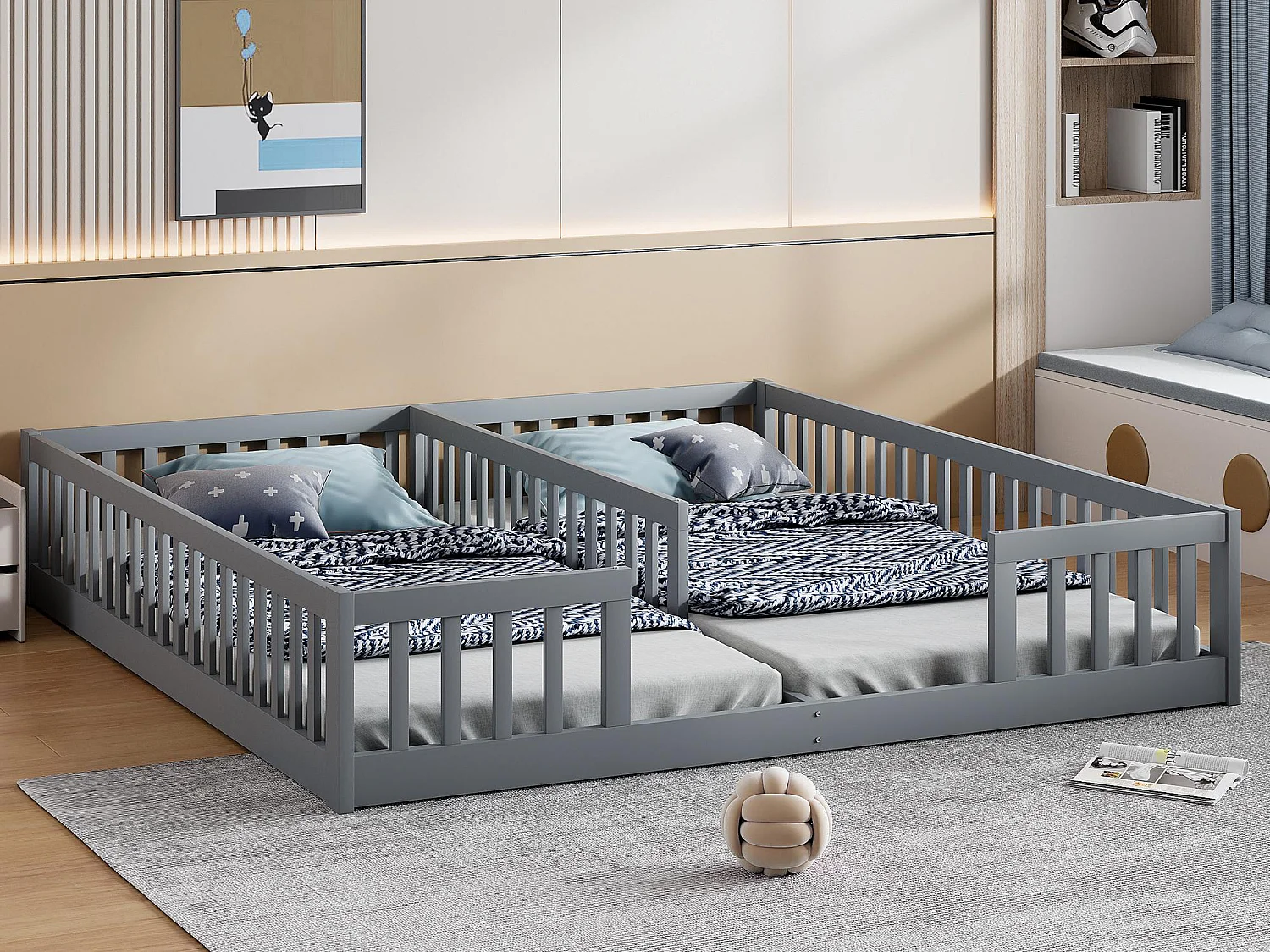 Lit enfant 2x90x200cm en bois massif - avec barrières - sans sommier à lattes - Gris