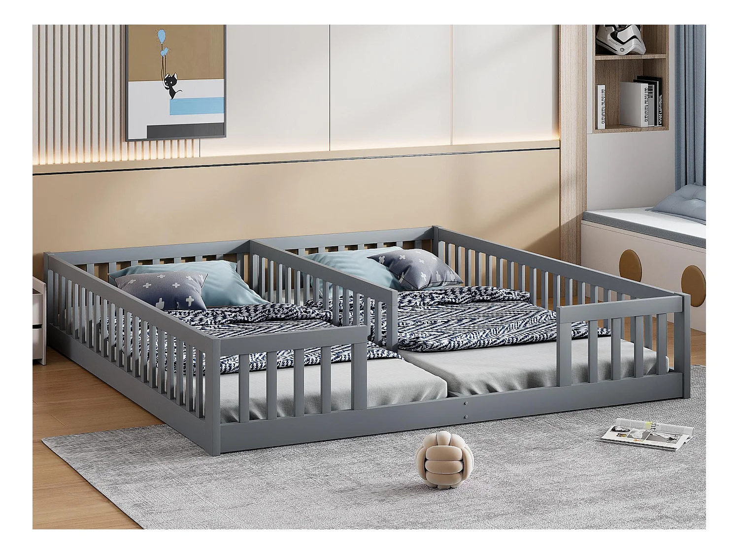 Kinderbed 2x90x200cm in massief hout - met rails - zonder lattenbodem - Grijs