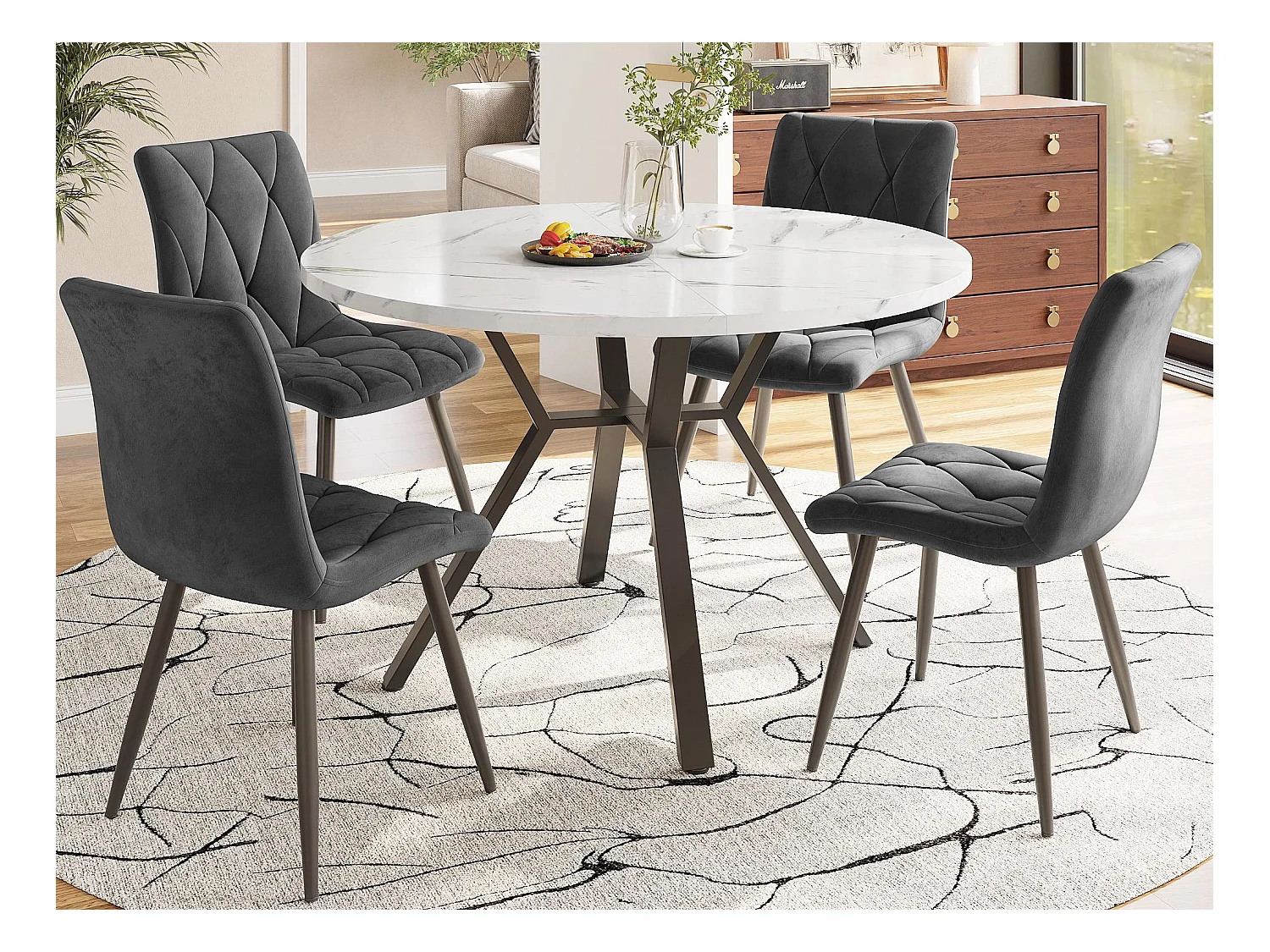 Table à manger ronde moderne (diamètre 1m), support métallique en forme de X, plateau a motif de marbre, Blanc