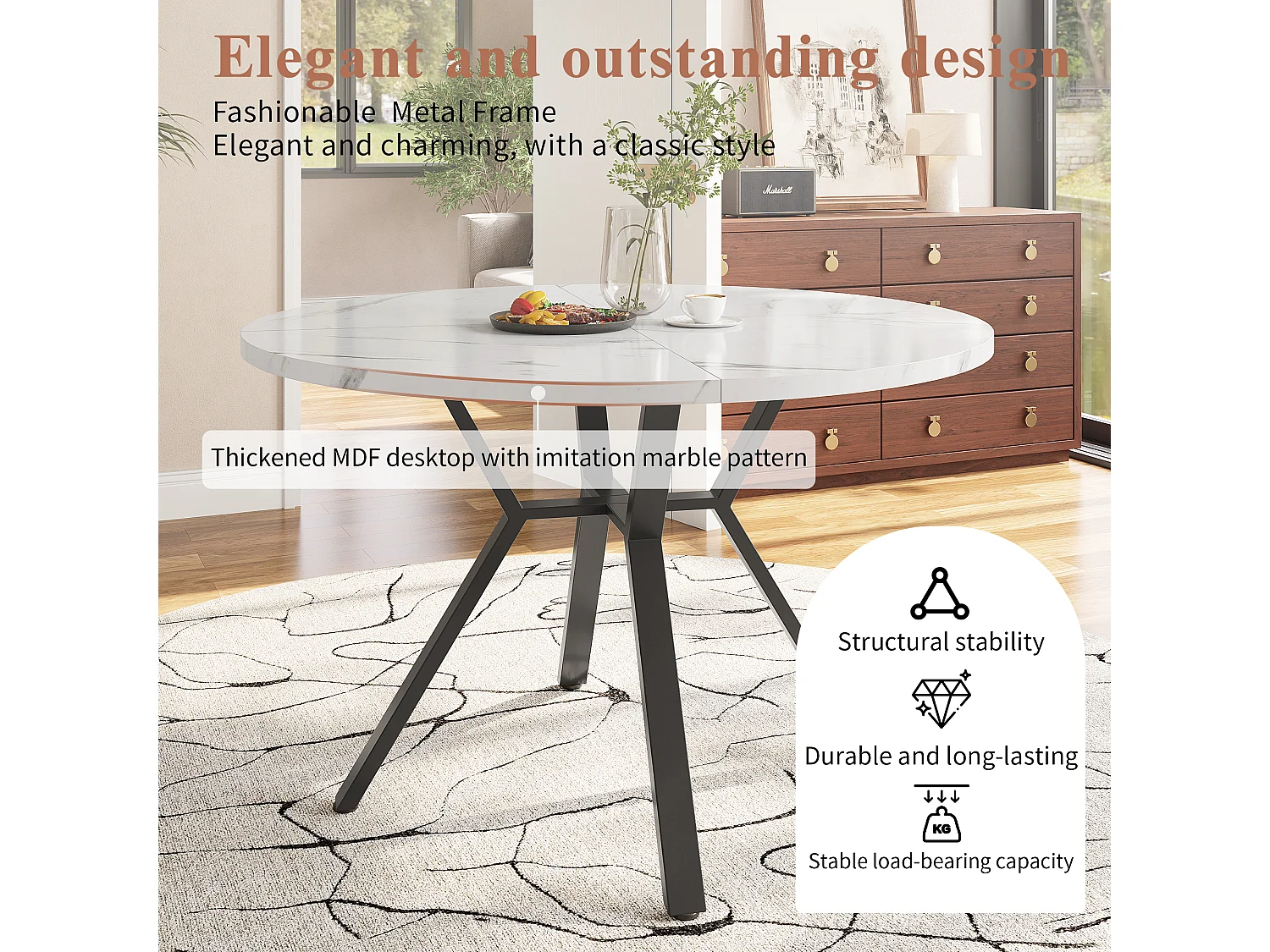 Mesa de comedor redonda moderna (diámetro 1 m), soporte de metal en forma de X, tapa con diseño de mármol, Blanco