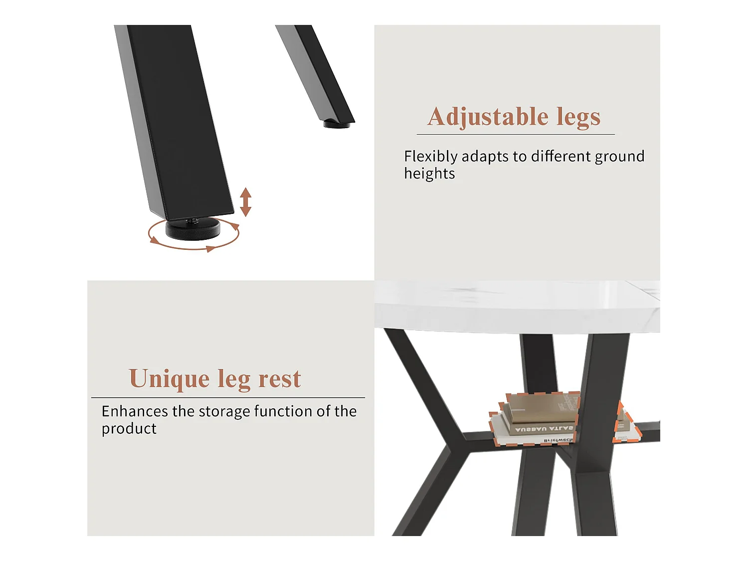 Mesa de comedor redonda moderna (diámetro 1 m), soporte de metal en forma de X, tapa con diseño de mármol, Blanco