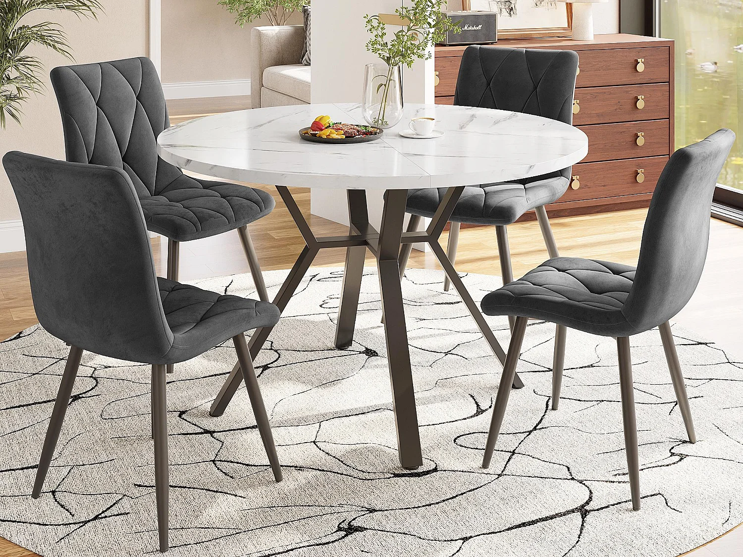 Moderne ronde eettafel (diameter 1m), X-vormige metalen steun, blad met marmerpatroon, Wit