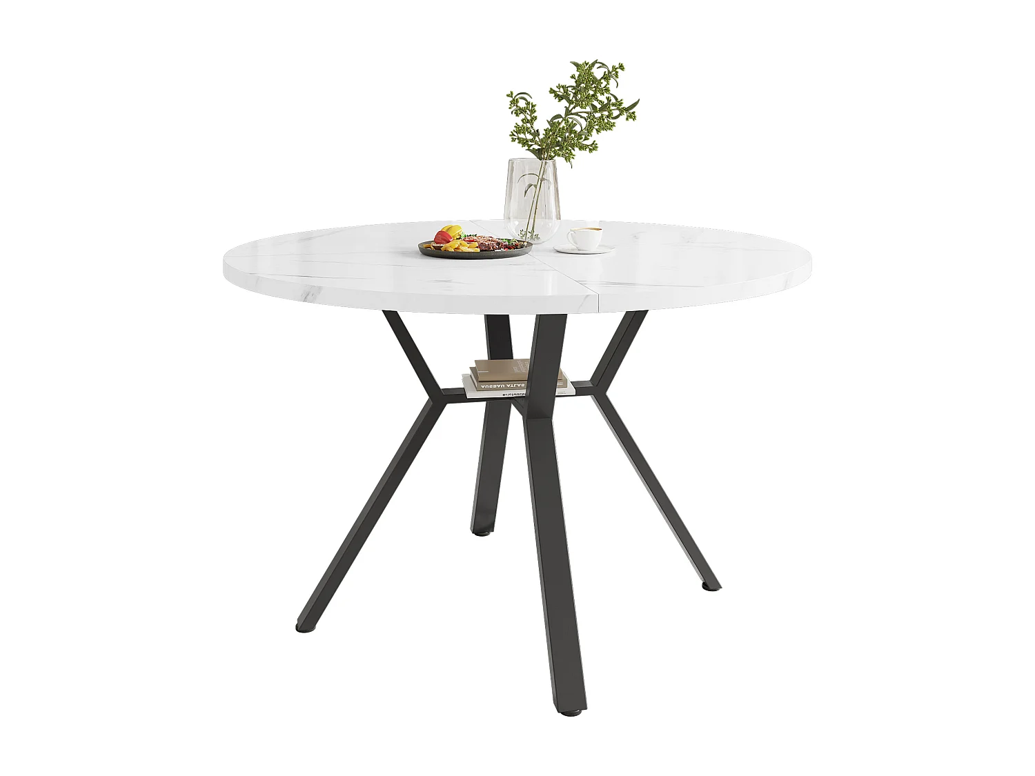 Moderne ronde eettafel (diameter 1m), X-vormige metalen steun, blad met marmerpatroon, Wit