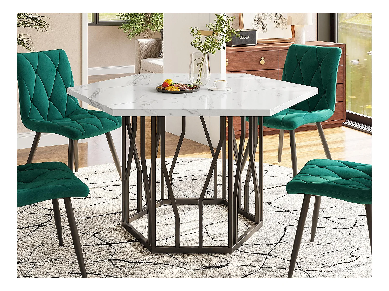 Table à manger hexagonale moderne, support métallique, plateau a motif de marbre, Blanc