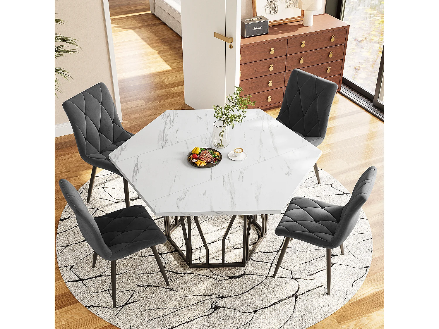 Mesa de comedor hexagonal moderna, soporte de metal, tapa con diseño de mármol, Blanco