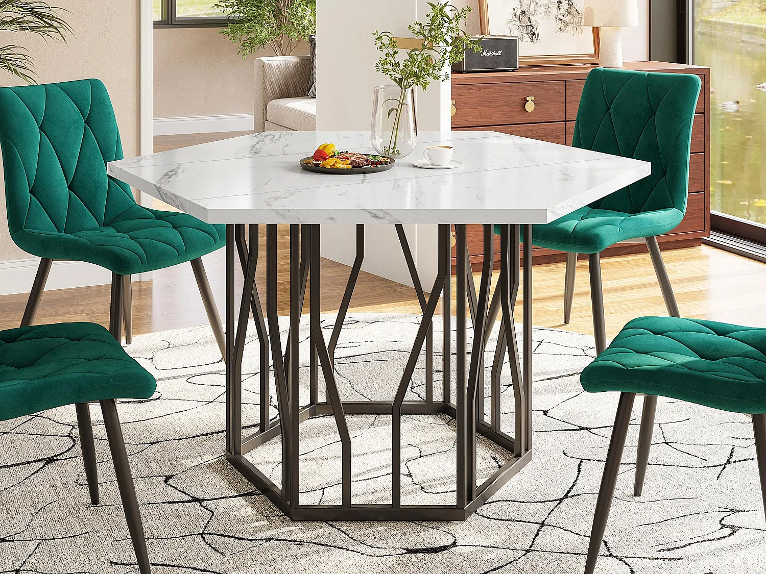 Table à manger hexagonale moderne, support métallique, plateau a motif de marbre, Blanc