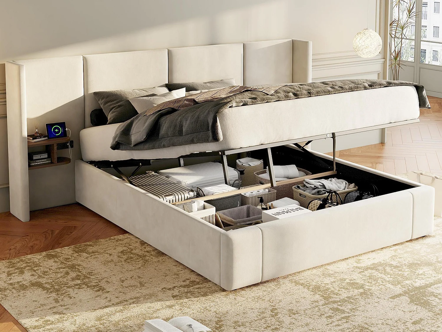 Cama em veludo - 160x200cm - com porta USB e 2 mesas de cabeceira - com base de ripas - Bege