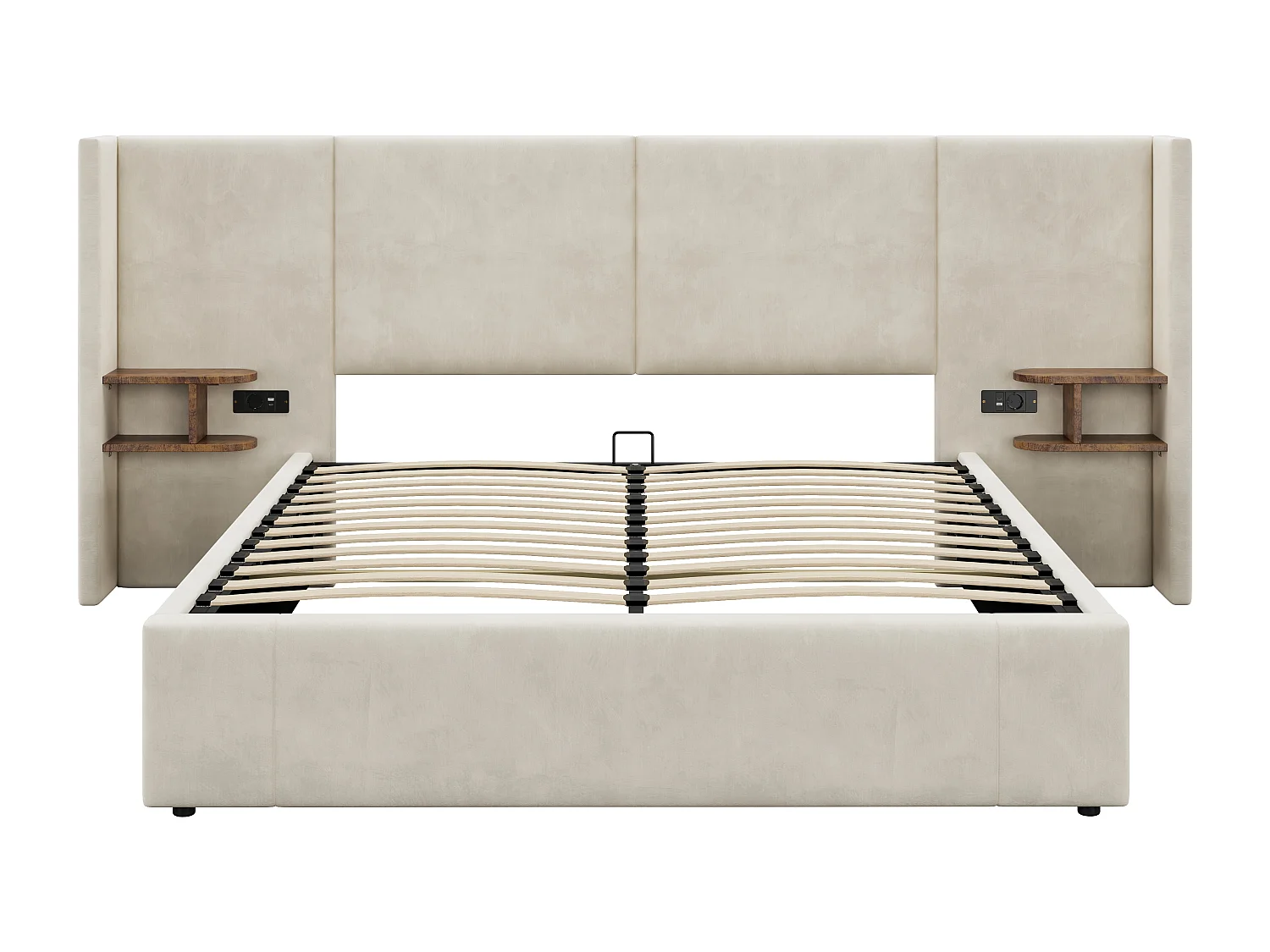 Cama em veludo - 160x200cm - com porta USB e 2 mesas de cabeceira - com base de ripas - Bege