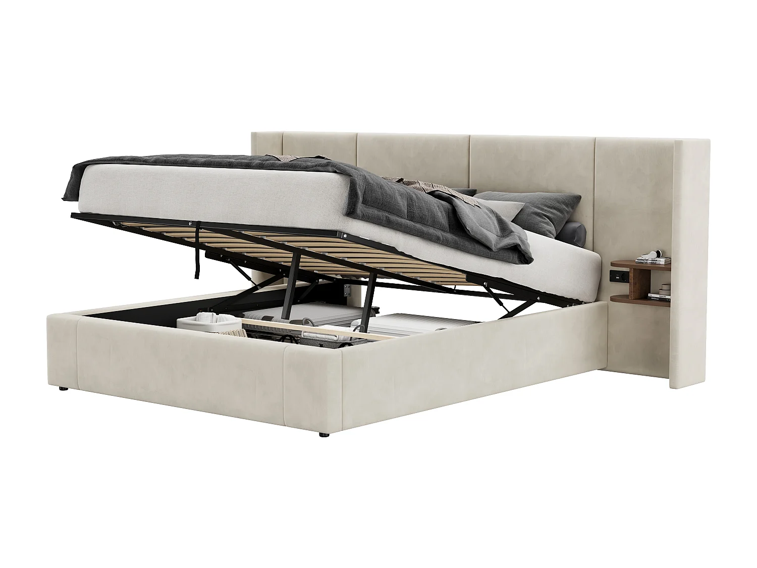 Cama em veludo - 160x200cm - com porta USB e 2 mesas de cabeceira - com base de ripas - Bege