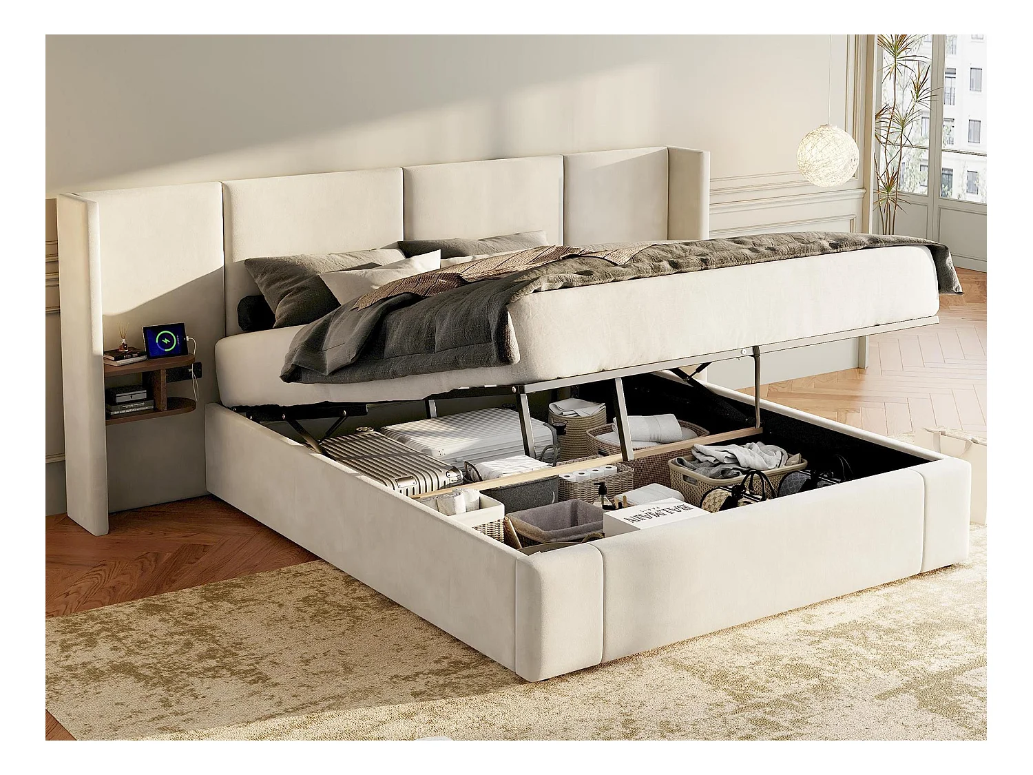 Lit coffre en velours - 160x200cm - avec port USB et 2 chevets - avec sommier à lattes - Beige