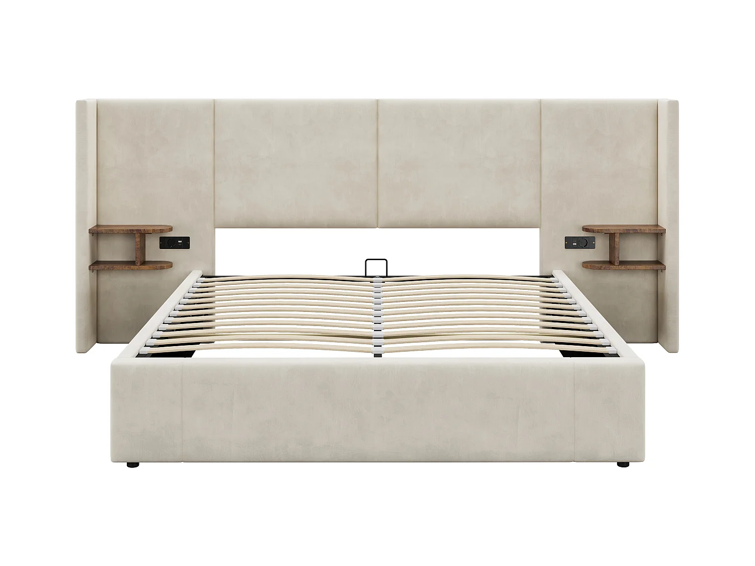 Lit coffre en velours - 160x200cm - avec port USB et 2 chevets - avec sommier à lattes - Beige