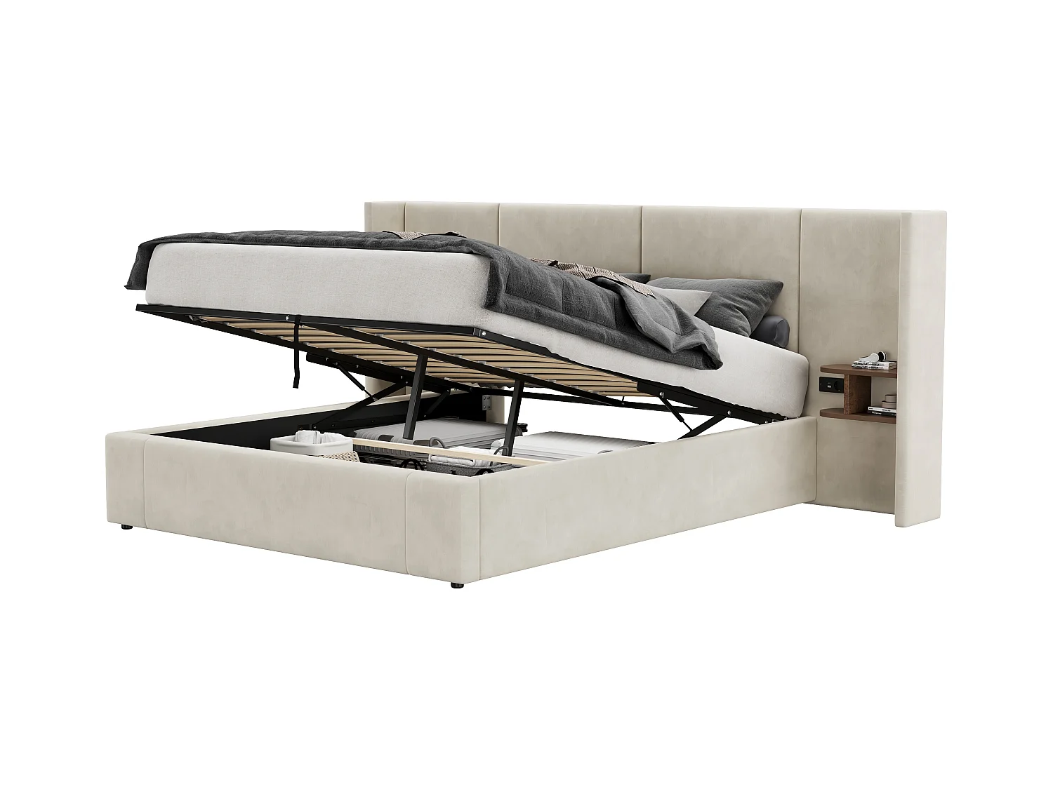 Lit coffre en velours - 160x200cm - avec port USB et 2 chevets - avec sommier à lattes - Beige