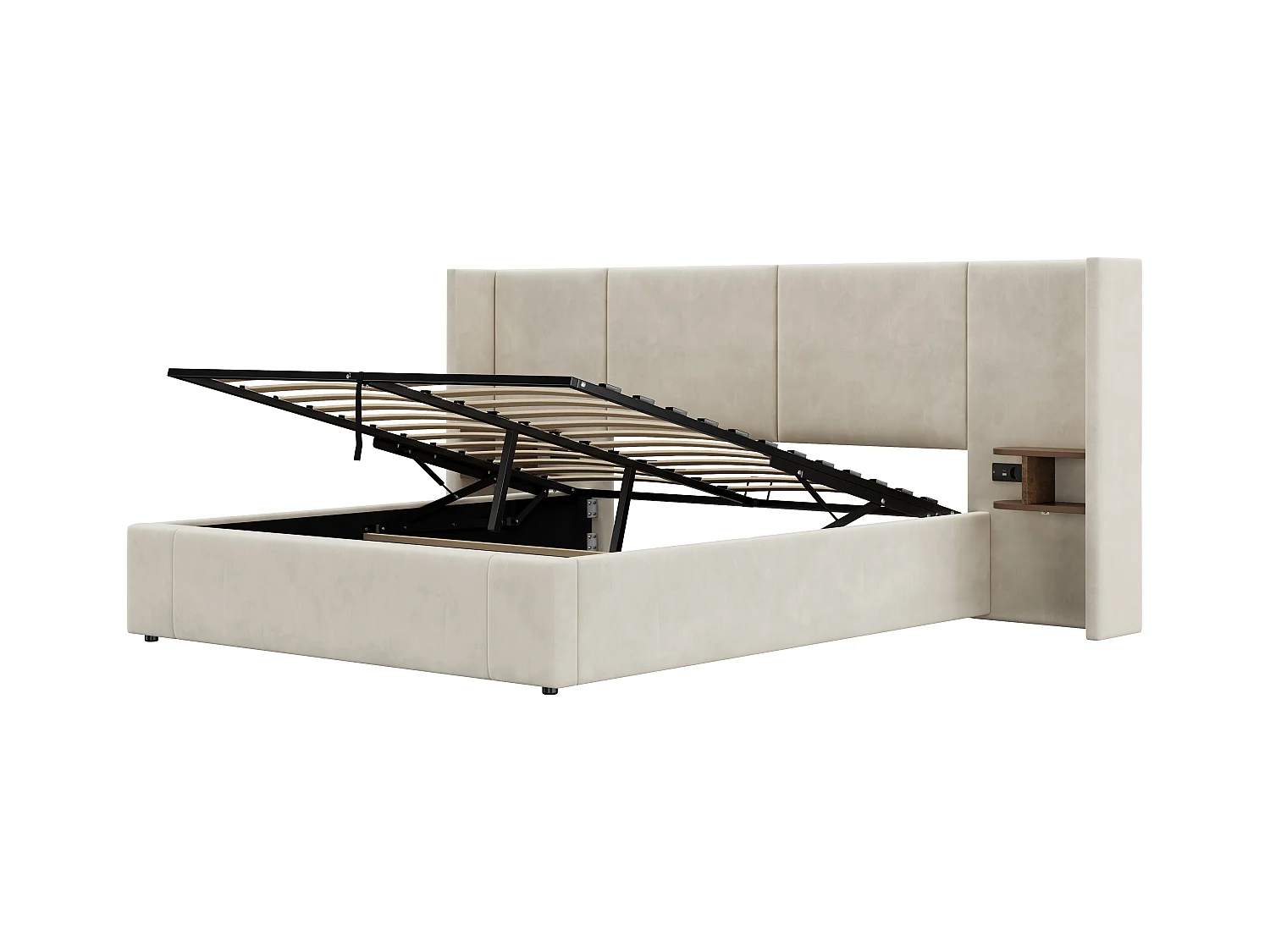 Lit coffre en velours - 160x200cm - avec port USB et 2 chevets - avec sommier à lattes - Beige
