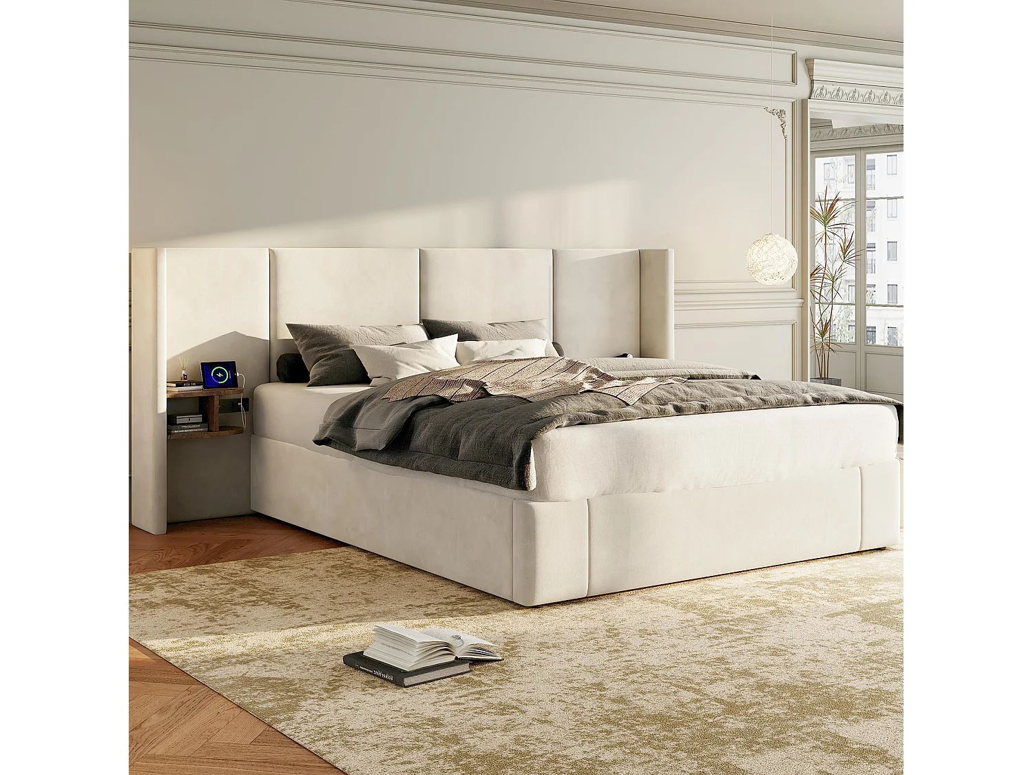 Lit coffre en velours - 160x200cm - avec port USB et 2 chevets - avec sommier à lattes - Beige