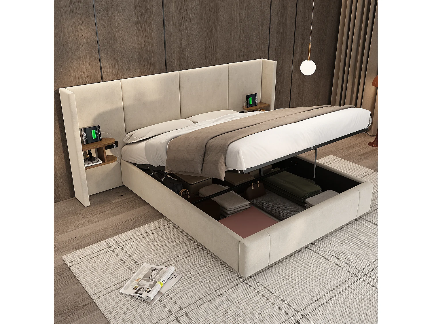 Lit coffre en velours - 160x200cm - avec port USB et 2 chevets - avec sommier à lattes - Beige