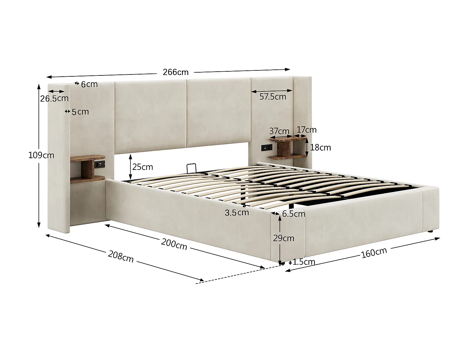 Lit coffre en velours - 160x200cm - avec port USB et 2 chevets - avec sommier à lattes - Beige
